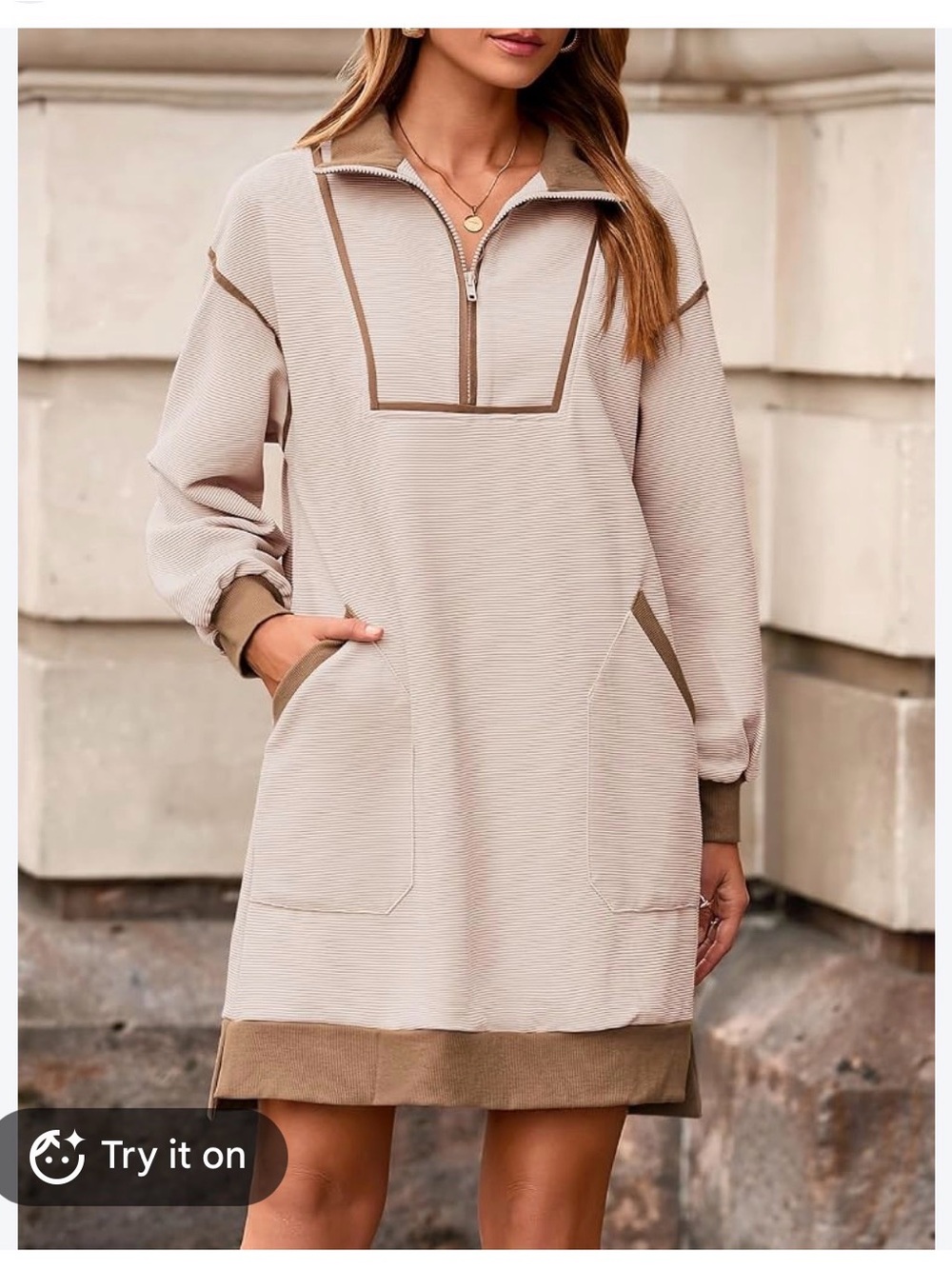 New Entro Cute cream & tan quarter zip sweatshirt dress with brown trim